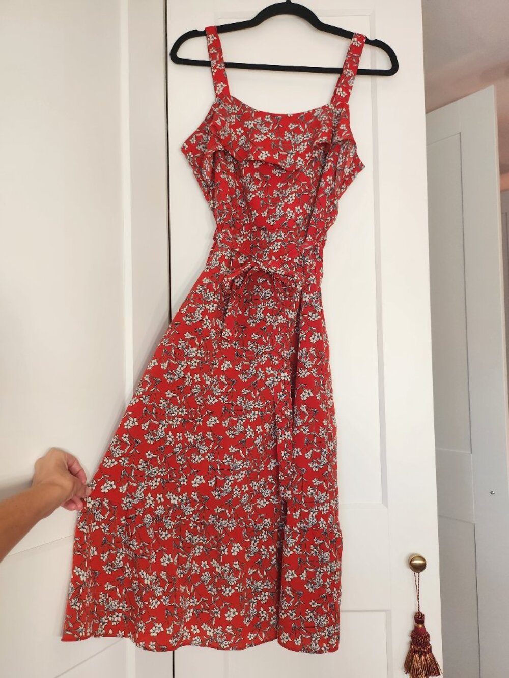 Banana Republic Red Floral Midi Dress with Waist Tie - Size 2